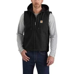 Carhartt Washed Duck Fleece-Lined Zwart Hooded Vest Heren